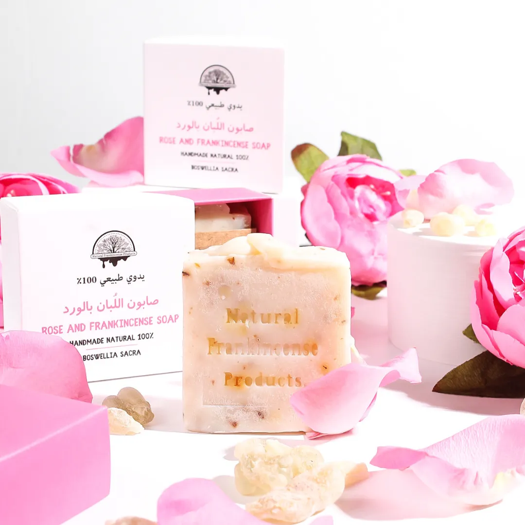 Natural Rose and Frankincense soap bar for skin softening and radiant glow.