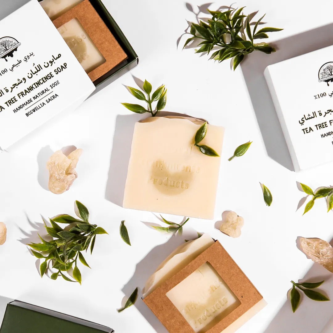 Natural Tea Tree and Frankincense soap bar for deep pore cleansing and oily skin care.